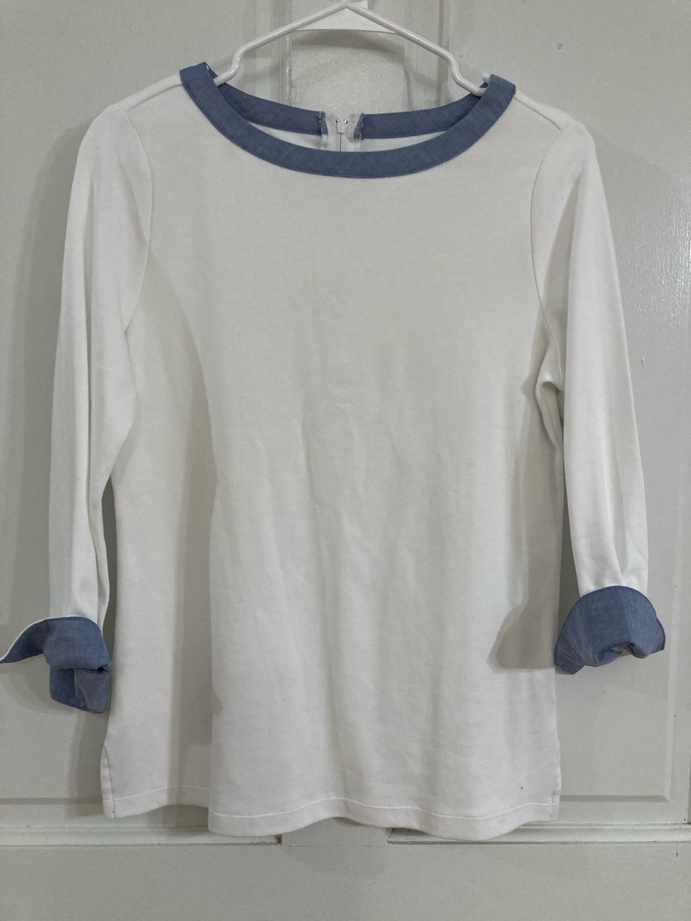 White Long Sleeve Top with Blue Trim